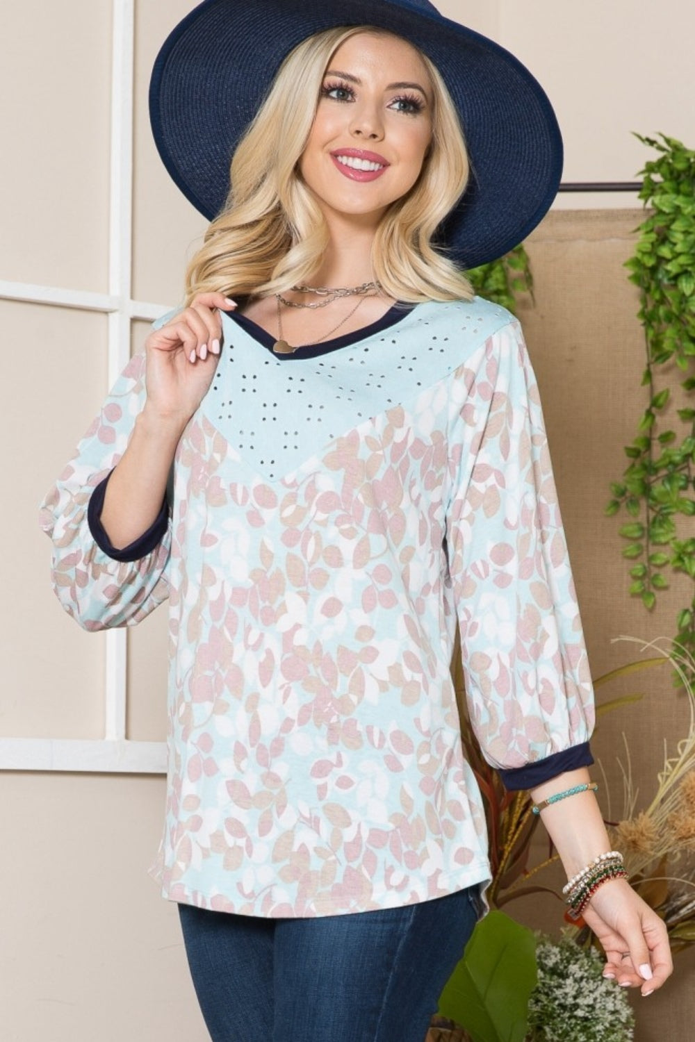 Celeste Full Size Leaf Print Contrast Trim Balloon Sleeve Top