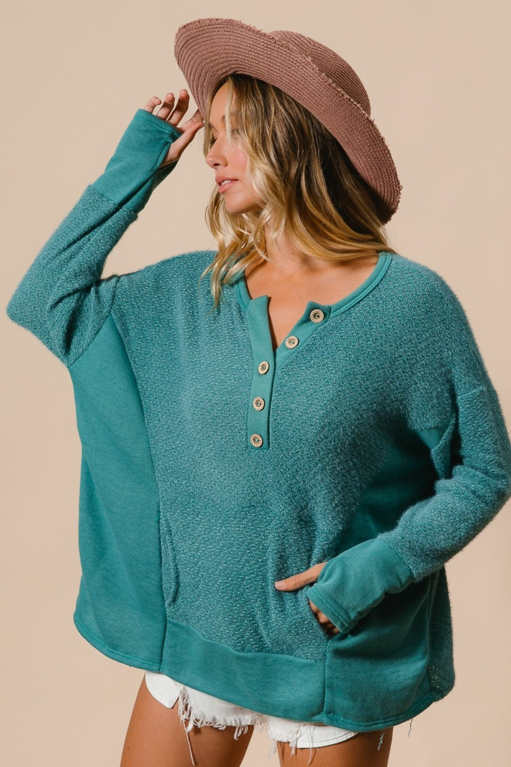 BiBi Thumb Opening Long Sleeve Top with Kangaroo Pocket