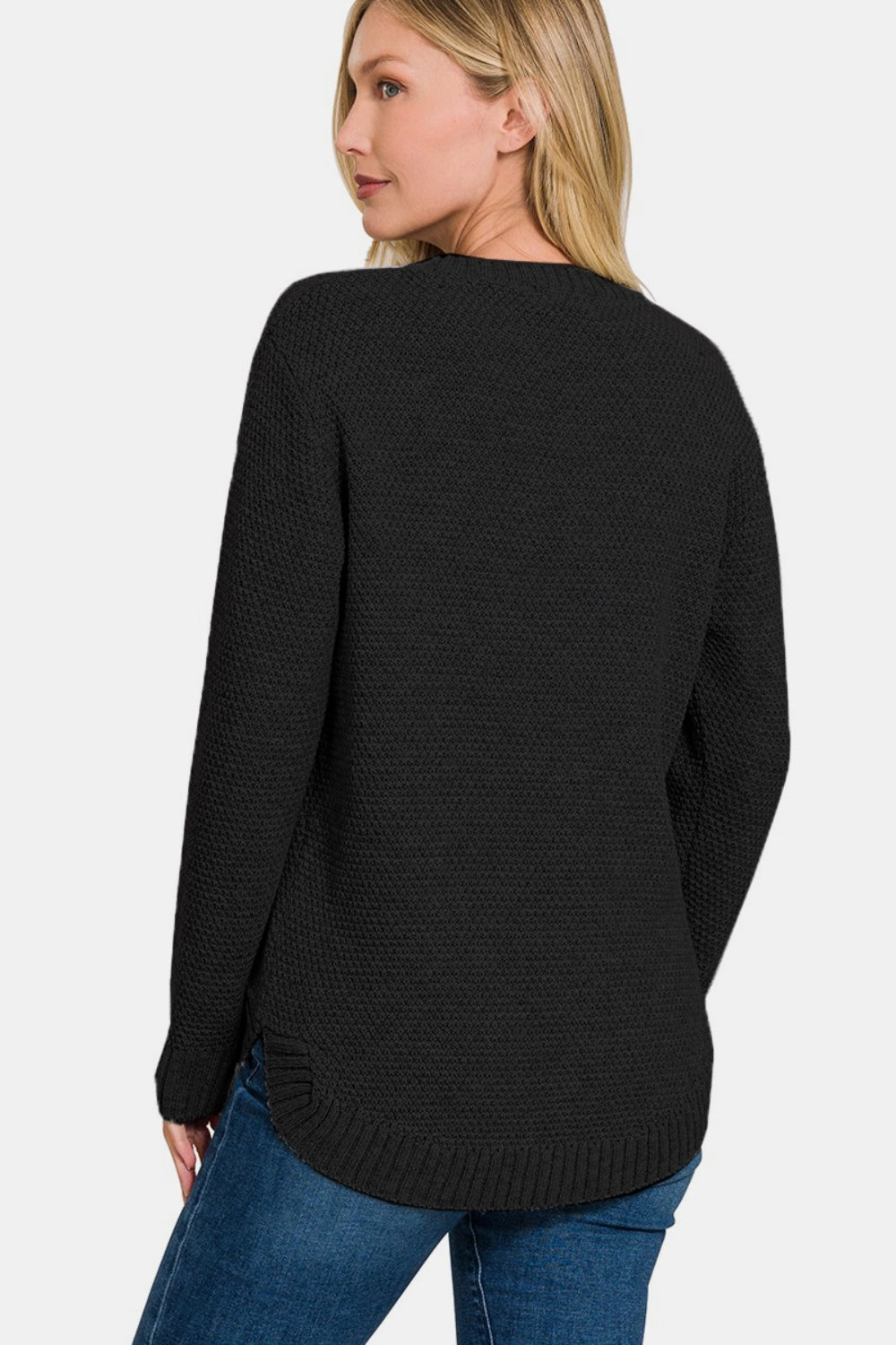 Zenana Ful Size Round Neck Long Sleeve Curved Hem Sweater