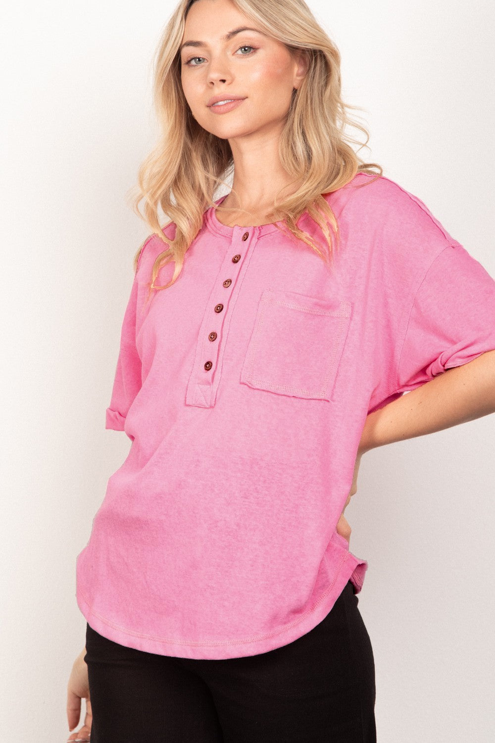 VERY J Twisted Sleeve Band Half Button Top