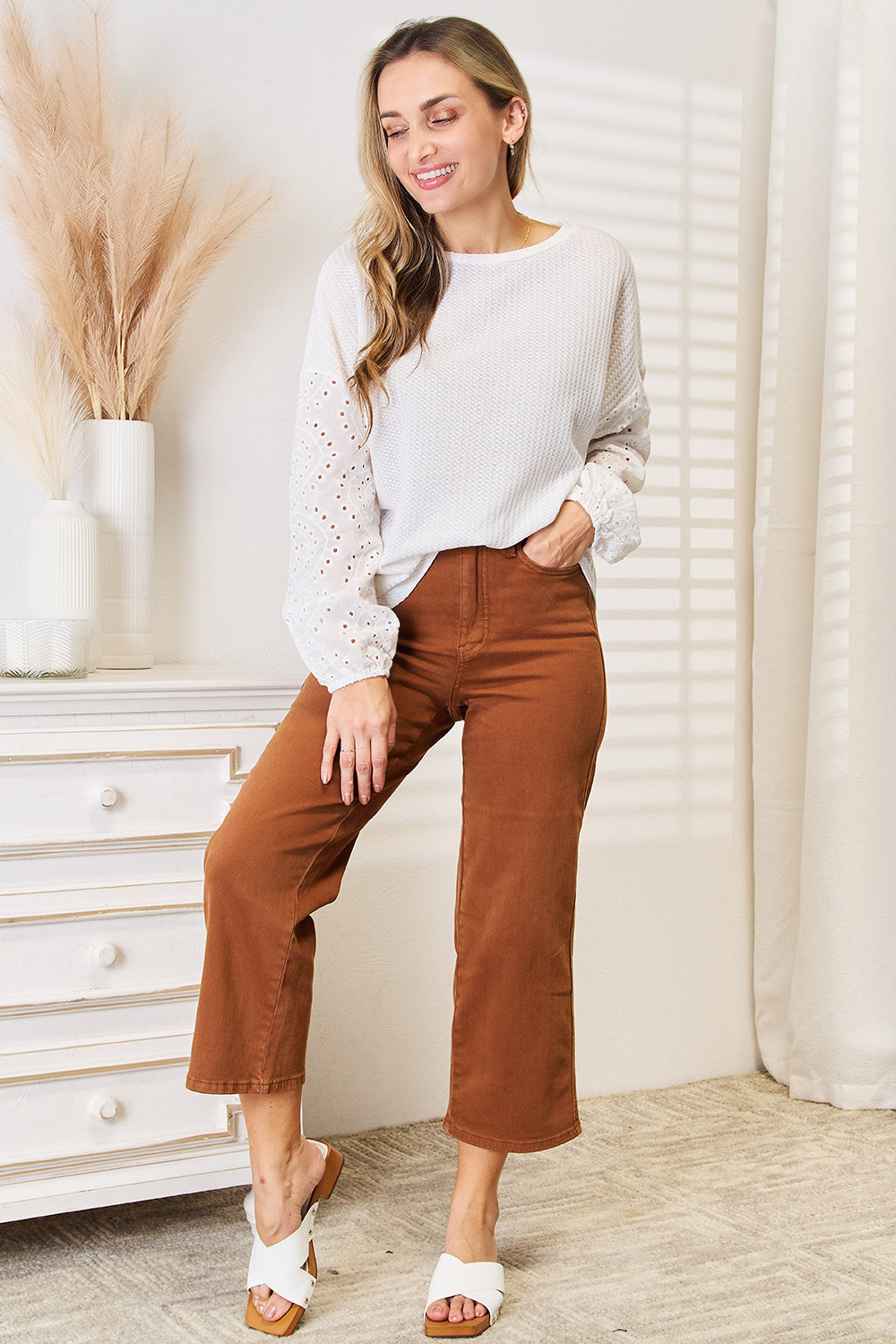 Eyelet Dropped Shoulder Round Neck Blouse