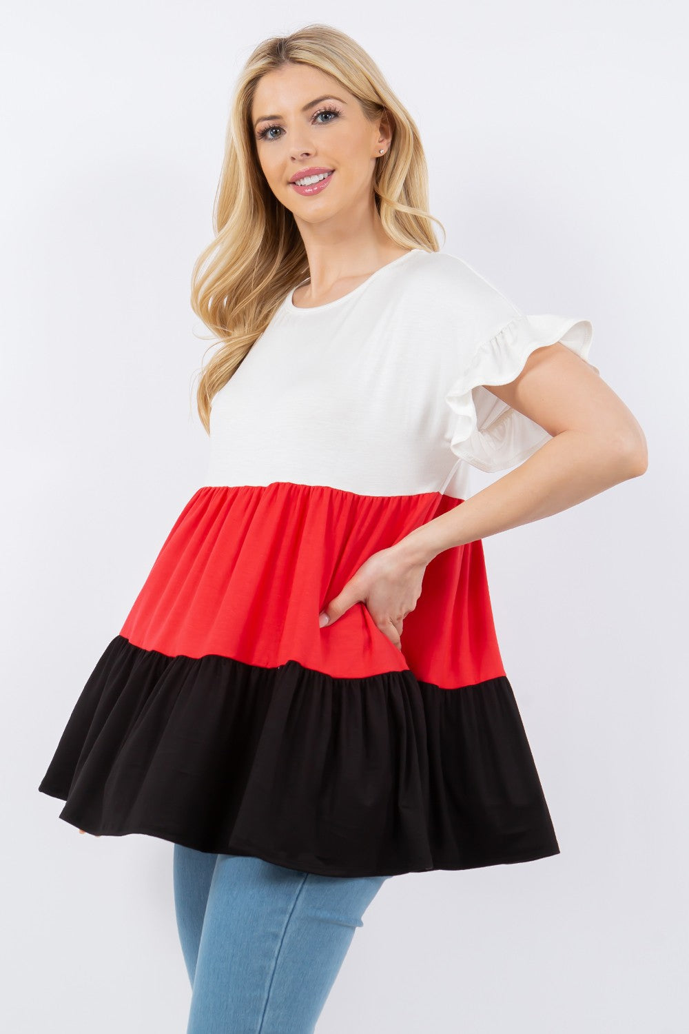 Celeste Full Size Color Block Ruffled Short Sleeve Top